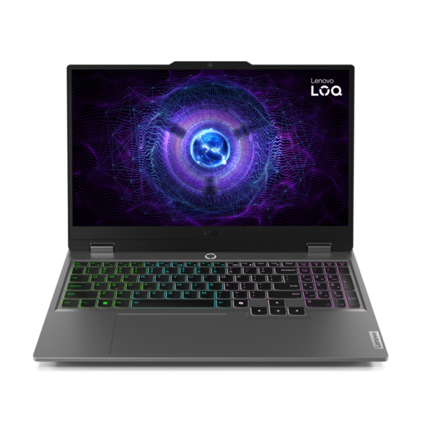 Lenovo LOQ 15IRX9 laptop in Luna Grey with Intel Core i7-13650HX, 24GB DDR5 RAM, 512GB NVMe storage, NVIDIA RTX 4050 6GB graphics, 15.6" FHD 144Hz display, running on DOS.