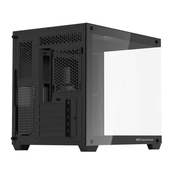 Specifications of the C285MP PC case, including details on dimensions, drive bays, expansion slots, GPU clearance, CPU cooler height, radiator support, cooling system, I/O ports, and tempered glass left panel.