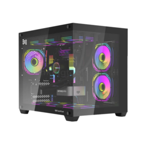 Specifications of the C285MP PC case, including details on dimensions, drive bays, expansion slots, GPU clearance, CPU cooler height, radiator support, cooling system, I/O ports, and tempered glass left panel.