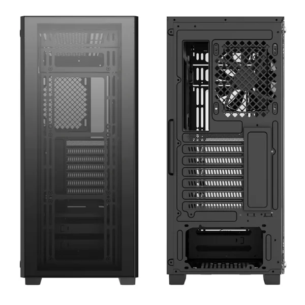 Specifications of the MATREXX 50 ADD-RGB 4F PC case, including dimensions, weight, materials, motherboard compatibility, I/O ports, expansion slots, cooling system details, radiator support, and component clearance limits.