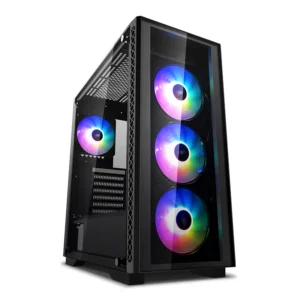 Specifications of the MATREXX 50 ADD-RGB 4F PC case, including dimensions, weight, materials, motherboard compatibility, I/O ports, expansion slots, cooling system details, radiator support, and component clearance limits.