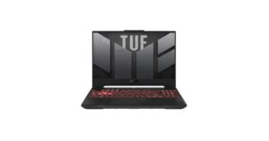 ASUS TUF Gaming A15 FA507NUR-LP106 laptop featuring AMD Ryzen 7 processor, NVIDIA RTX 4050 GPU, 16GB RAM, and 15.6-inch FHD display.