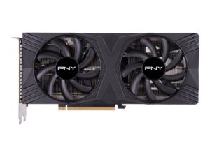 PNY GeForce RTX 4060 VERTO 8GB Dual Fan graphics card featuring a sleek black-and-silver design with dual cooling fans, optimized for high performance in gaming and productivity.