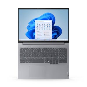 ThinkBook 16 G7 IML in Arctic Grey with 16" WUXGA display, Core Ultra 5 processor, 8GB DDR5 RAM, 512GB NVMe storage, Intel graphics, DOS, backlit keyboard, and carry case.