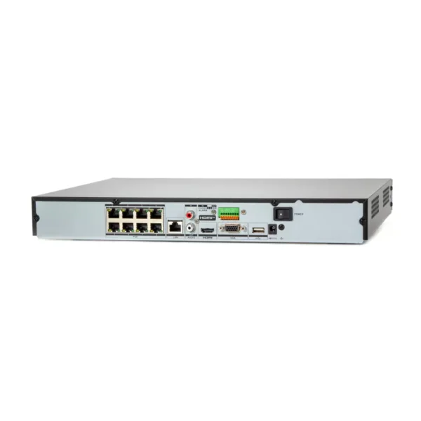 VCOM 8-Channel NVR with 1080P HDMI output, 1 HDD bay, and 12V 2.5A power supply.