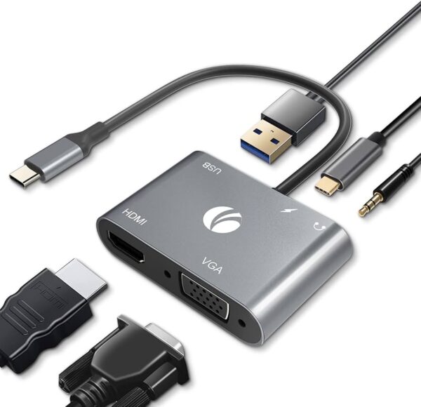 VCOM USB-C adapter with VGA, HDMI, USB 2.0, and USB-C power delivery.