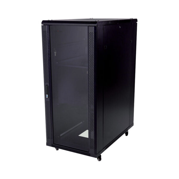 VCOM 27U Server Cabinet with glass door, side panels, and cooling fan for efficient equipment storage.