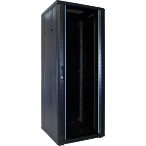 VCOM 32U Server Cabinet with glass door, side panels, and cooling fans for efficient equipment storage and ventilation.