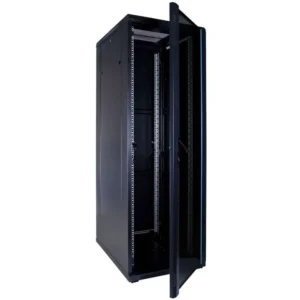 VCOM 37U Server Cabinet with glass door, side panels, and cooling fans for efficient organization and ventilation of equipment.