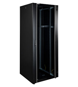 VCOM 47U Server Cabinet with glass door, side panels, and cooling fans for efficient storage and ventilation of equipment.