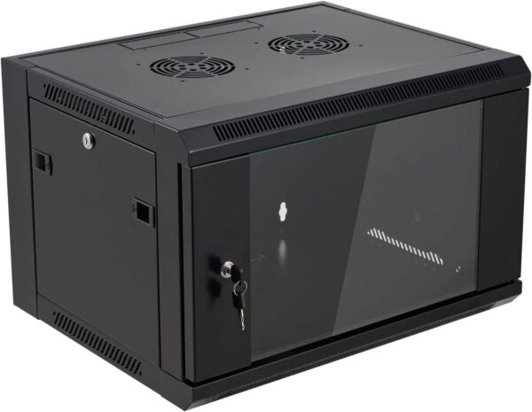 VCOM 6U Server Cabinet with black finish, shelf, fan, and PDU with 5 sockets for efficient equipment storage and power distribution.