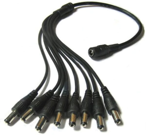 VCOM 1-to-8 power cable for cameras, 40cm length, black, designed for efficient power distribution to multiple devices.