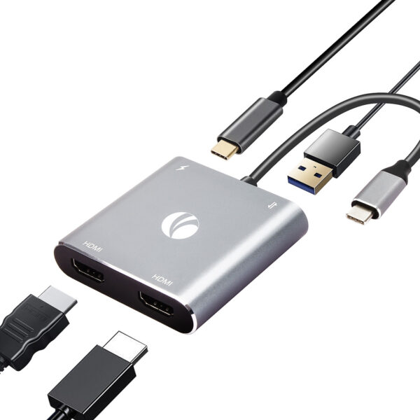 VCOM USB-C to dual HDMI, USB 2.0, and Power Delivery docking cable, designed for multi-display setups and device charging.