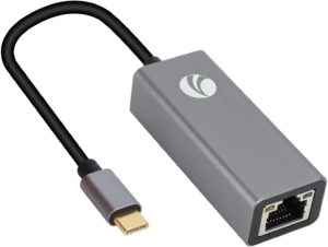 VCOM USB-C to RJ45 cable, 1 Gbps Ethernet, with ABS shell and nickel-plated plugs for durable, high-speed network connections.