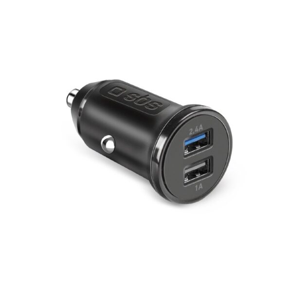 VCOM dual USB car charger in black, designed for fast charging of devices with a DC 12-24V input.