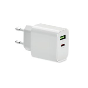 VCOM USB charger with two ports, EU plug type, designed for charging multiple devices simultaneously.