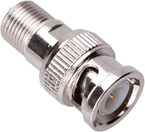 VCOM F/BNC male connector adapter, nickel-plated, designed for secure and reliable connections with CCTV cables and dishes.