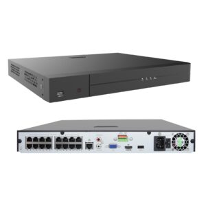 VCOM 16-channel NVR with 2 HDD bays, HDMI output, and 1080p resolution, designed for comprehensive video surveillance and audio monitoring.