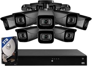 VCOM 16-channel NVR system with 16 black IP cameras, designed for high-quality video surveillance and monitoring.