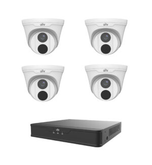 VCOM 4-channel NVR system with 4 white dome cameras, designed for clear video surveillance and efficient monitoring in residential or small business settings.