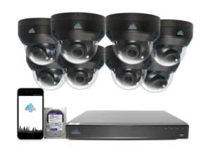 VCOM 8-channel NVR system with 8 black IP cameras, designed for high-definition surveillance and continuous monitoring in larger security setups.