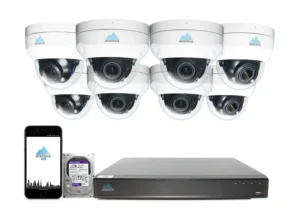 VCOM 8-channel NVR system with 8 white dome cameras, offering high-definition video surveillance and monitoring for larger residential or commercial spaces.