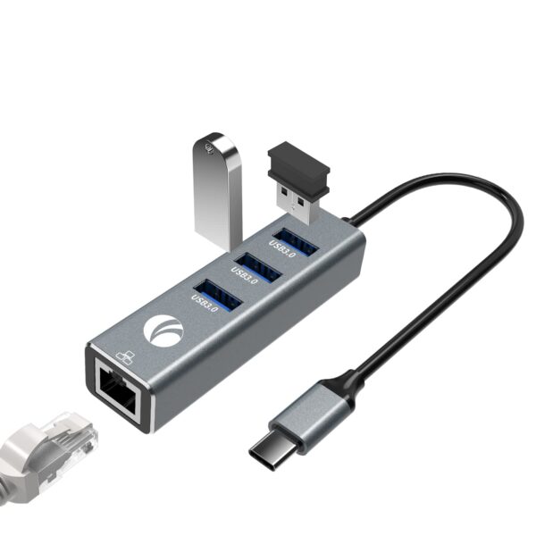 VCOM USB-C to USB 3.0 x 3 + RJ45 hub with an aluminum shell, providing high-speed data transfer and stable internet connection through a sleek, durable design.