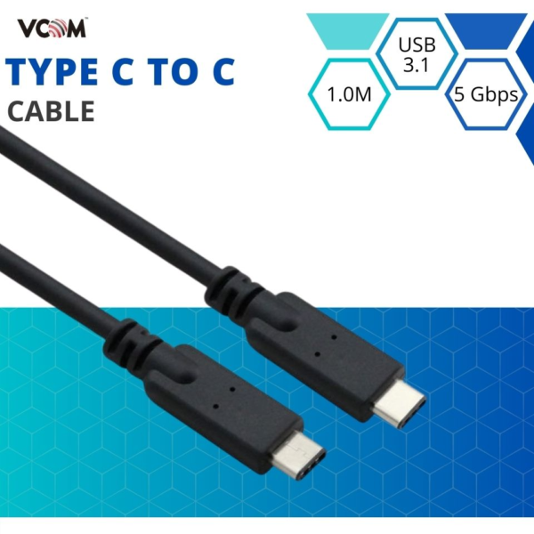 VCOM USB-C to USB-C cable, 1.0 meter long, designed for fast charging and data transfer between USB-C enabled devices.